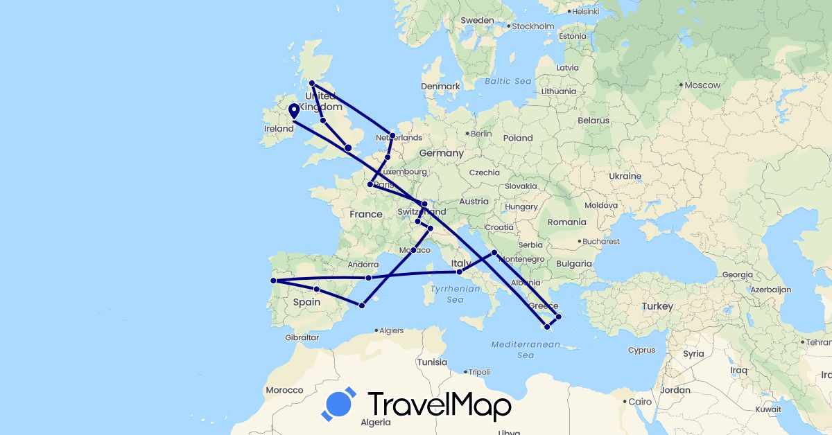 TravelMap itinerary: driving in Belgium, Switzerland, Spain, France, United Kingdom, Greece, Croatia, Ireland, Italy, Netherlands, Portugal (Europe)